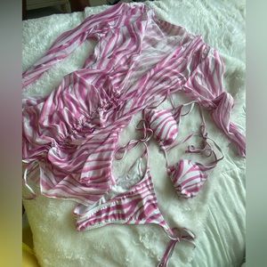 Pink white tiger stripe bikini 3 piece set cover up triangle tie string set